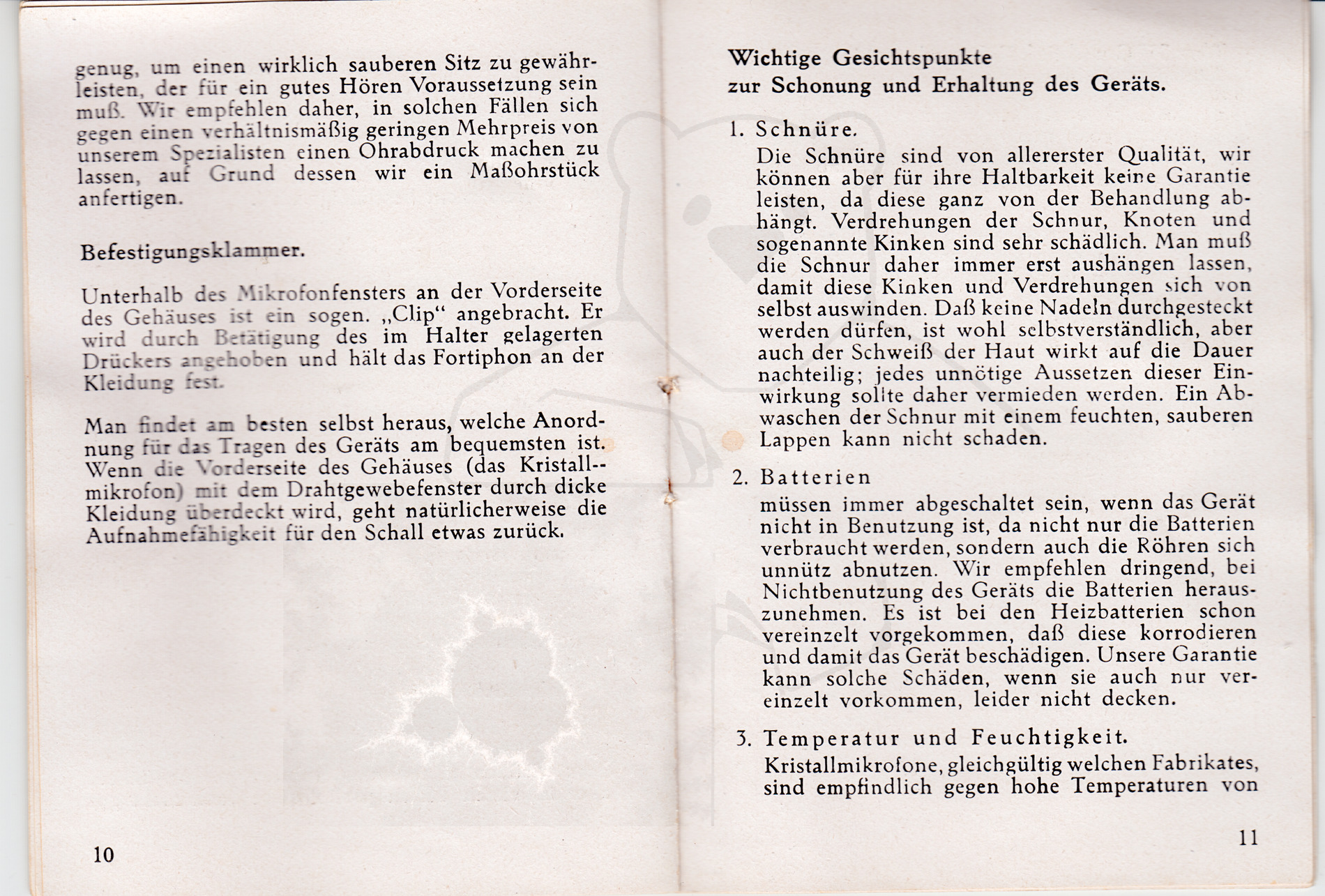 Hörgerät "Fortiphone Type 20", ca. 1949, Anleitung Seite 10 - 11